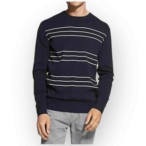 DKNY Men’s Cotton Crew Neck Sweater - Navy with White Stripes, Medium W103M